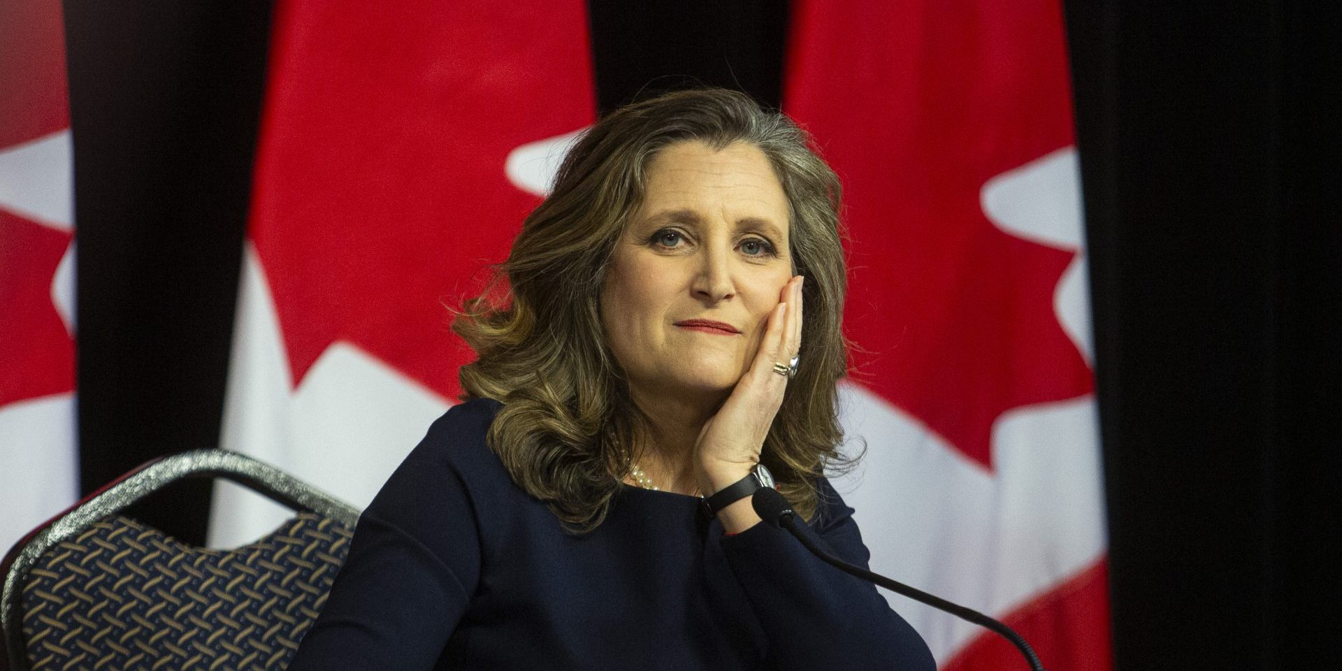 Minster of Finance Chrystia Freeland holds a press conference in the 2024 Budget lockup at 111 Sussex Drive in Ottawa on  April 16, 2024. Andrew Meade