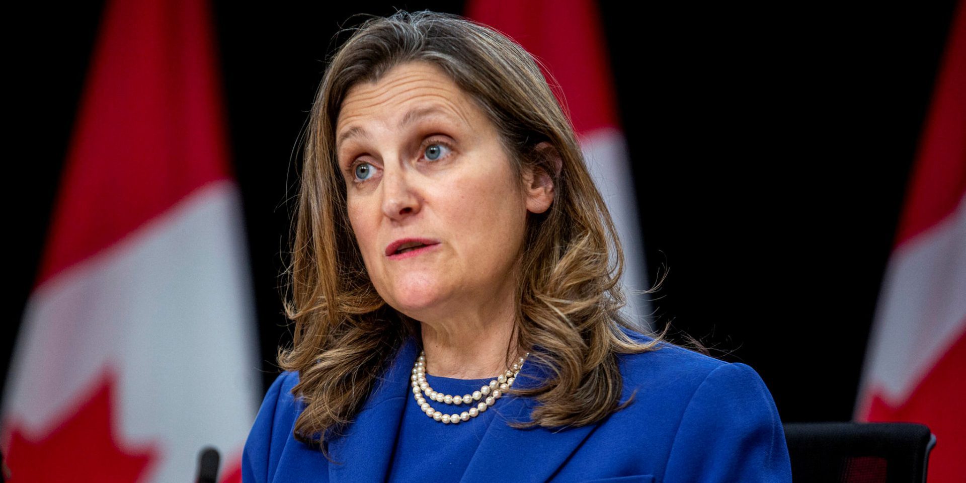 Deputy Prime Minister Chrystia Freeland speaks during a press conference in the National Press Theatre  on April 30.
