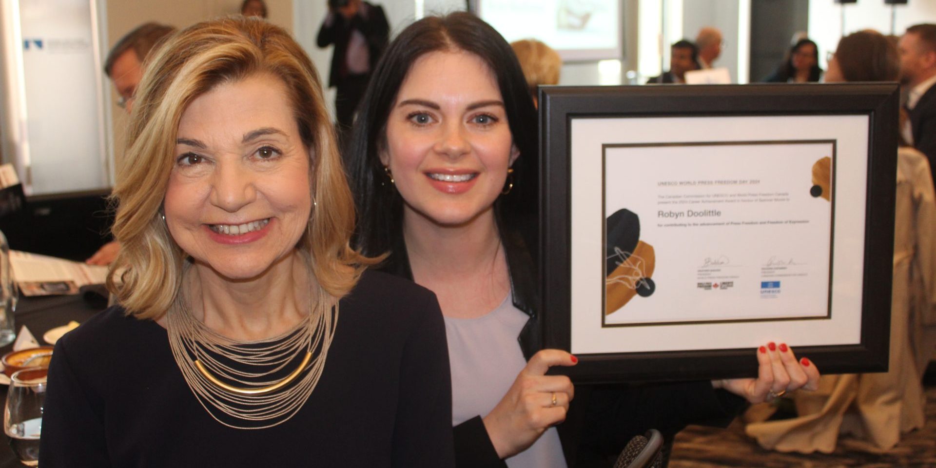 Margaret Sullivan, left, The Guardian U.S. columnist, and The Globe and Mail’s Robyn Doolittle, winner of this year’s World Press Freedom Canada career achievement award, at the WPFC awards luncheon on May 1 at the National Arts Centre.