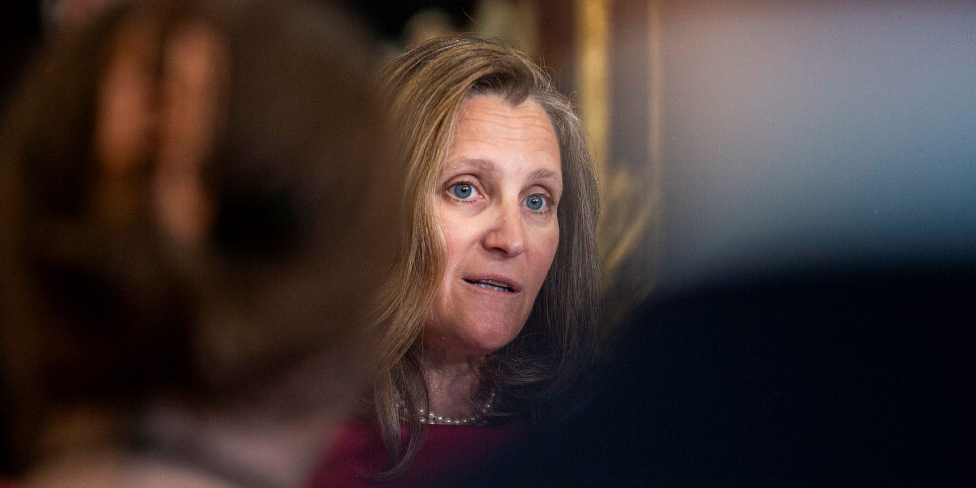 Minister of Finance Chrystia Freeland speaks with reporters in the House of Commons foyer before Question Period on June 19, 2024, about the government’s accomplishments during the session.