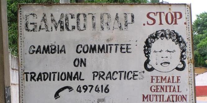 A sign in The Gambia protesting female genital mutilation
