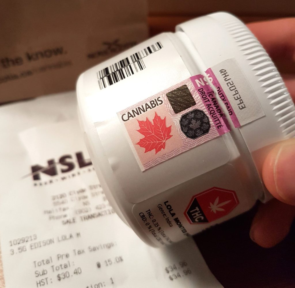 The Nova Scotia excise stamp that is affixed to the packaging of all legal cannabis products in the province. There is a unique stamp for each province and territory which licensed producers much purchase in order for their products to be sold commercially.