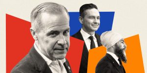 Prime Minister Mark Carney, left, Conservative Leader Pierre Poilievre, and NDP Leader Jagmeet Singh.