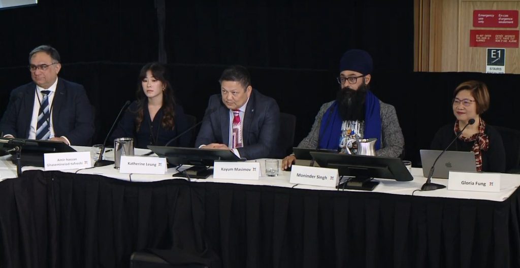 Amir-hassan Ghaseminejad-tafreshi, left, Katherine Leung, Kayum Masimov, Moninder Singh, and Gloria Fung spoke about the resources their communities need to protect members from transnational repression. 
The Foreign Interference Inquiry - Oct. 2, 2024