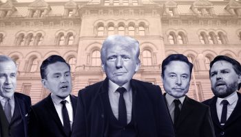 Mark Carney, Pierre Poilievre, Donald Trump, Elon Musk, and J.D. Vance. The Hill Times photographs by Andrew Meade, Sam Garcia, Flickr, Wikimedia Commons, and illustration by Joey Sabourin