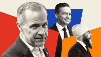 Prime Minister Mark Carney, left, Conservative Leader Pierre Poilievre, and NDP Leader Jagmeet Singh. The Hill Times photographs by Andrew Meade and illustration by Joey Sabourin