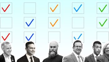 Prime Minister Mark Carney, left, Conservative Leader Pierre Poilievre, NDP Leader Jagmeet Singh, Bloc Québécois Leader Yves-François Blanchet, and Green co-Leaders Jonathan Pedneault and Elizabeth May. The Hill Times photographs by Andrew Meade and illustration by Joey Sabourin