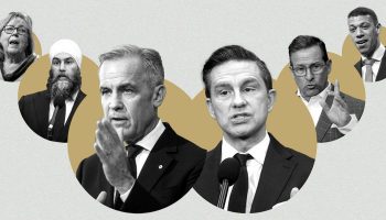 Green Party co-leader Elizabeth May, left, NDP Leader Jagmeet Singh, Prime Minister Mark Carney, Conservative Leader Pierre Poilievre, Bloc Québécois Leader Yves-François Blanchet, and Green Party co-leader Jonathan Pedneault. The Hill Times photographs by Andrew Meade and illustration by Joey Sabourin