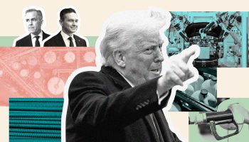 trade war mashup. Mark Carney, Pierre Poilievre, and Donald Trump. The Hill Times photographs by Andrew Meade, Wikimedia Commons, and Pixabay, and illustration courtesy of Joey Sabourin
