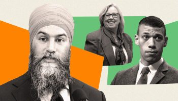 NDP Leader Jagmeet Singh, left, and Green co-Leaders Elizabeth May and Jonathan Pedneault. The Hill Times photographs by Andrew Meade, illustration by Joey Sabourin