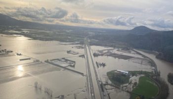 A helicopter view at flooding impacts to the Sumas area, east of Abbotsford on Nov. 26, 2021. Photograph courtesy of B.C. Transport