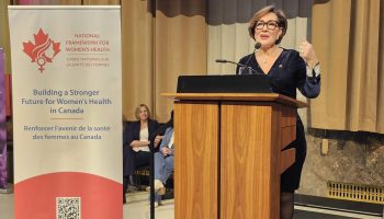 Progressive Senate Group Senator Danièle Henkel speaking at "A Framework for Women's Health in Canada" reception at the Sir John A Macdonald Building on Feb.25, 2026. The Hill Times photograph by Tessie Sanci