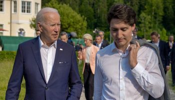 President Joe Biden walks with Prime Minister Justin Trudeau of Canada after G7 leaders delivered remarks at the launch of the Partnership for Global Infrastructure during the G7 summit, Sunday, June 26, 2022, at Schloss Elmau in Krün, Germany. (Official White House Photo by Adam Schultz)