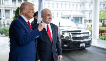 U.S. President Donald Trump, left, and Israeli Prime Minister Benjamin Netanyahu meet at The White House on April 7. Photograph courtesy of Flickr/The White House