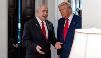 U.S. President Trump greets Israeli Prime Minister Benjamin Netanyahu - April 7, 2025. Photograph courtesy of the White House
