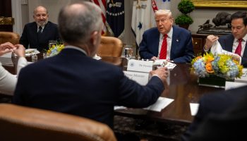 President Donald Trump participates in a bilateral lunch with Canadian Prime Minister Mark Carney, Tuesday, May 6, 2025, in the Roosevelt Room. (Official White House Photo by Daniel Torok)