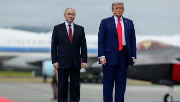 President Donald Trump greets Russian president Vladimir Putin at Joint Base Elmendorf Richardson in Anchorage, Alaska, Friday, August 15, 2025. (Official White House Photo by Daniel Torok)