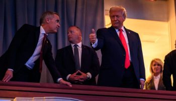 President Donald Trump gestures to the crowd from his seat at the FIFA World Cup drawing, Friday, December 5, 2025, at the John F. Kennedy Center for the Performing Arts in Washington, D.C. (Official White House Photo by Daniel Torok)