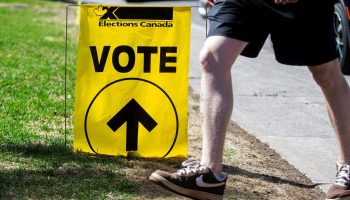 An elections Canada sign is pictured outside a polling station at St. Bartholew’s Church Hall in Rockcliffe on April 20250428, 2025. The Hill Times photograph by Andrew Meade