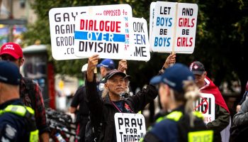 A group of protestors gather outside the National Arts Centre in Ottawa on  June 28, 2023, to voice their opposition to the Family Drag Story Time event put on by Capital Pride and the Ottawa Public Library. A flyer on twitter by Save Canada about the event claims it be a a” stand against gender ideology” and “the woke cult’s plot to sexualize children.” Andrew Meade