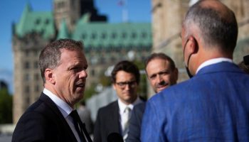 Government House leader Mark Holland speaks with reporters outside West Block on Sept. 15, 2022, for a special sitting day in commemoration of the passing of Queen Elizabeth II.