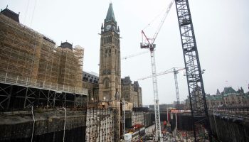 Work in the pit that will house the Parliamentary Welcome Centre is pictured on a tour of Centre Block on  Nov. 26, 2025.