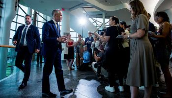 Prime Minister Mark Carney scrums with reporters before the Prime Minister’s First Nations summit on Bill C-5 in Gatineau, Que. on July 17, 2025. The Hill Times photograph by Andrew Meade