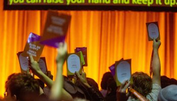 Delegates vote on a resolution at the New Democratic Party convention in Hamilton on Oct. 14, 2023. The Hill Times photograph by Andrew Meade