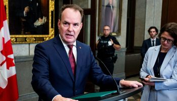 Leader of the Government in the House of Commons Steven MacKinnon holds a press conference in the House of Commons foyer on Sept. 15,  2025. The Hill Times photograph by Andrew Meade