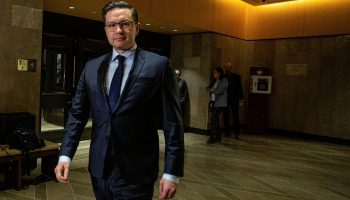 Conservative Party leader Pierre Poilievre scrums outside  the Standing Committee on Procedure and House Affairs on March 1, 2023, to answer questions about foreign election interference. Andrew Meade