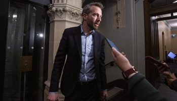 Minister of Government Transformation Public Works and Procurement Joël Lightbound speaks with reporters outside the Liberal party caucus meeting in West Block  on May 25, 2025. Andrew Meade
