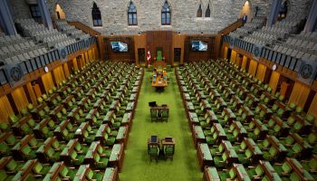 The House of Commons chamber has been outfitted with large video screens and capabilities to allow members to take part in hybrid in person and virtual fittings as response to the COVID-19 pandemic on June 4, 2020. Andrew Meade