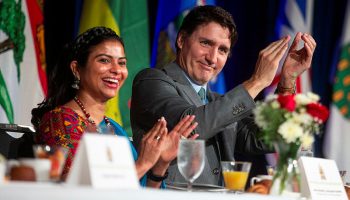Anu George Canjanathoppil, CEO of International Justice Mission Canada, and Prime Minister Justin Trudeau attend the National Prayer Breakfast in Ottawa on May 7, 2024. The Hill Times photograph by Andrew Meade