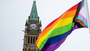The Pride flag is pictured in front of the Peace Tower on June 1, 2022,  after begin raised in celebration of Pride month. Andrew Meade