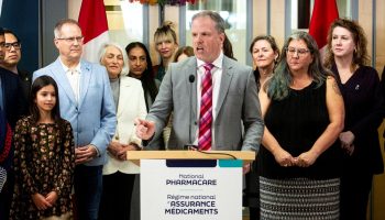 Minister of Health Mark Holland holds a press conference at the Centretown Community health centre on Feb. 29, 2024, to speak with reporters about the government’s introduction of the Pharmacare Act.