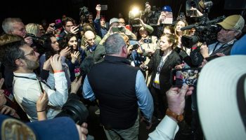 Rebel News CEO Ezra Levant scrums with reporters in the media room at the Federal Leaders debate at The Maison de Radio-Canada in Montréal, Que. on  April 17, 2025,  after a heated discussion with The Hill Times’ Stuart Benson. The Hill Times photograph by Andrew Meade