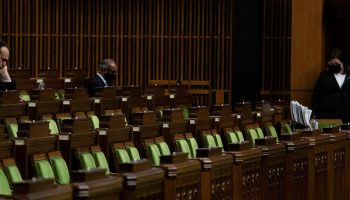 Members’ seats sit empty for Question Period in West Block on Feb. 24, 2021 as a result of virtual hybrid sittings due to COVID-19.