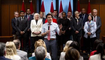 Prime Minister Justin Trudeau speaks to the Liberal party caucus in West Block  on April 17, 2024. Andrew Meade