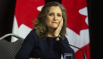 Minster of Finance Chrystia Freeland holds a press conference in the 2024 Budget lockup at 111 Sussex Drive in Ottawa on  April 16, 2024.