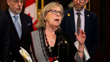 Green Party co-leader Elizabeth May reacts after the 2024 budget is tabled in the House of Commons on  April 16, 2024.