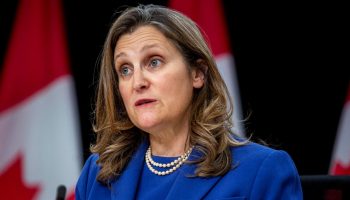Deputy Prime Minister Chrystia Freeland speaks during a press conference in the National Press Theatre  on April 30.