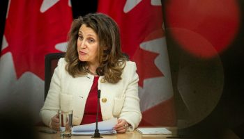Deputy Prime Minister Chrystia Freeland holds a press conference in the National Press Theatre on  Feb. 6, 2024.
