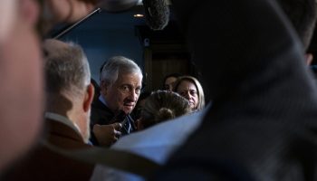 Italian minister of foreign affairs Antonio Tajani scrums with reporters at the the G7 foreign ministers meeting in La Malbaie, Que. on March 14, 2025. The Hill Times photograph by Andrew Meade