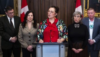 Minister of Indigenous Services Mandy Gull-Masty holds a press conference in the House of Commons foyer on  Feb. 26, 2026, to speak with reporters about funding for Jordan’s Principle. The Hill Times photograph by Andrew Meade