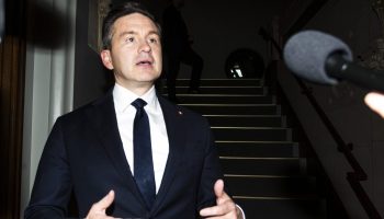 568A5276 Conservative Party Leader Pierre Poilievre speaks with reporters before going in to a meeting with Prime Minister Mark Carney in West Block on Oct. 22, 2025, to discuss budget priorities. The Hill Times photograph by Andrew Meade