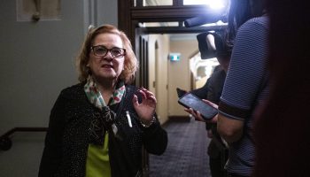 Minister of Immigration Refugees and Citizenship Lena Diab speaks with reporters before the Liberal cabinet meeting in West Block on  Nov. 25, 2025. The Hill Times photograph by Andrew Meade