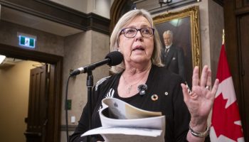 Green Party Leader Elizabeth May speaks with reporters in the House of Commons foyer before Question Period on May 29, 2025. The Hill Times photograph by Andrew Meade