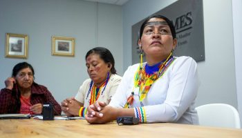 Indigenous leader from Ecuador Zenaida Yasacama and Hortencia Zhagüi speak with the Hill Times on Oct. 2, 2024, as a delegation visits Ottawa to raise concerns about the effects of Canadian mining operations and a free trade agreement between the two countries on the environment and their ancestral lands. The Hill Times photograph by Andrew Meade