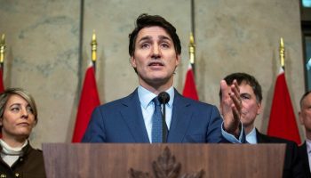Prime Minister Justin Trudeau holds a press conference in West Block on March 4, 2025, in reaction to the levying of 25 per cent tariffs by the American government on Canadian exports. The Hill Times photograph by Andrew Meade