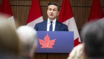 Conservative Party Leader Pierre Poilievre addresses his caucus before their meeting in West Block on Sept. 14,  2025. The Hill Times photograph by Andrew Meade